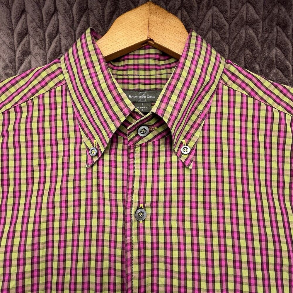 Ermenegildo Zegna Shirt Mens Large Plaid Long Sleeve Button Down Designer Italy